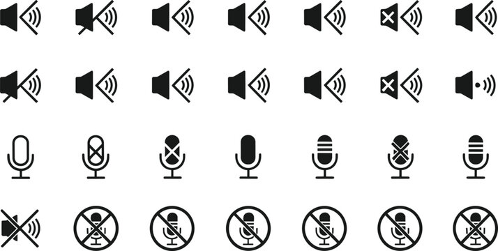 Comprehensive collection of black glyph icons representing various audio controls, including volume levels, mute functions,