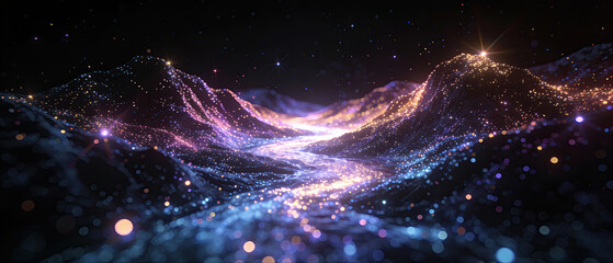 Abstract glowing particle landscape with vibrant colors and dynamic waves