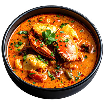 Chilean chupe de jaiba a rich and creamy crab stew served in a bowl and isolated on white background