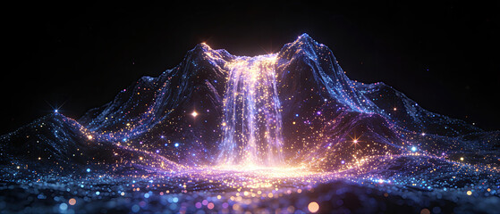 Glowing abstract mountain with waterfall and sparkling particles