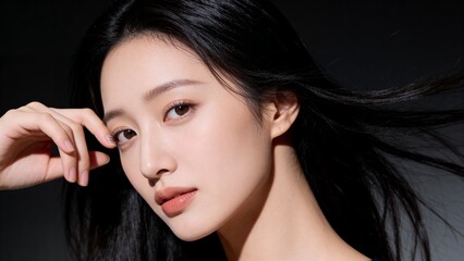 風になびく黒髪とアンニュイな表情の女性