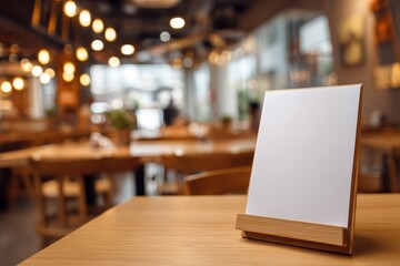 Vibrant photo of Blank white display stand on a wooden table in a blurry restaurant setting, ready for text or design