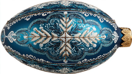 Ornate, elongated Christmas ornament with snowflake and swirling patterns in blue and gold.
