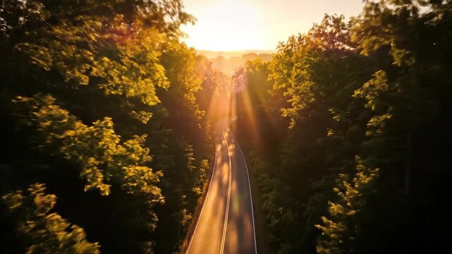 Golden sunbeams slice through forest as a winding road glows under autumn light. Quiet morning hush