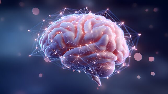 Three dimensional representation of human cerebrum overlaid with a digital network structure - Powered by Adobe