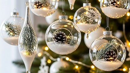 Clear glass christmas ornaments filled with pinecones snow and fairy lights hanging on a festive holiday tree background