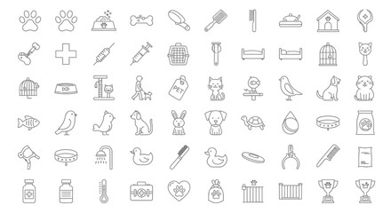 Large set of thin line icons for pet shop and vet clinic.
