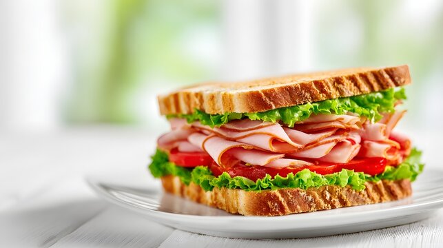 Deliciously layered deli meat and vegetable sandwich rests on a white plate with soft background light