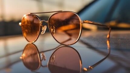 Aviator style protective eyewear rests upon a reflective surface during sunset