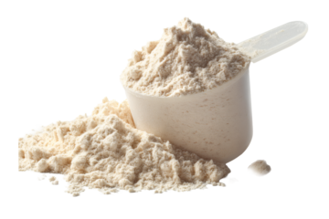 Scoop filled with nutritious whey protein powder ready to blend for your post workout recovery shake for muscle growth