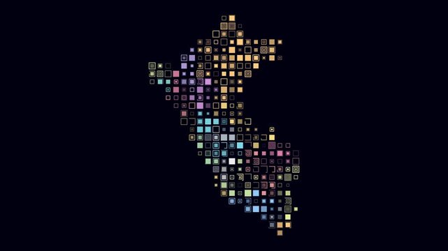 Peru animated country shape. Pulsating colored dots on the map of the country. Large size square blocks. Digital style Peru map on dark background. Stylish animation video.