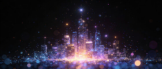 Vibrant futuristic cityscape with glowing lights and digital effects