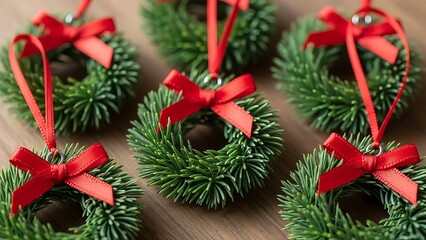 Miniature christmas wreaths with red bows hanging on wood background holiday decoration festive season celebration winter craft ornament
