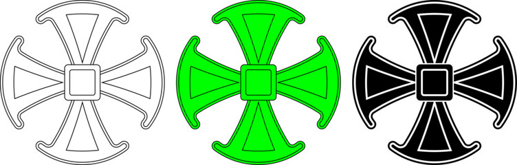 Set of Canterbury cross symbols in outline, neon green, and black versions with bold graphic style