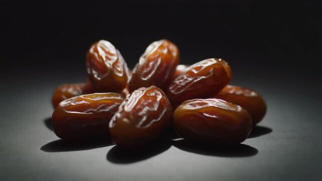 Glossy dates clustered on a dark grey surface, dramatically lit by strong, directional soft light. Ideal for gourmet and food photography.