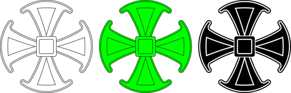 Set of Canterbury cross symbols in outline, neon green, and black versions with bold graphic style