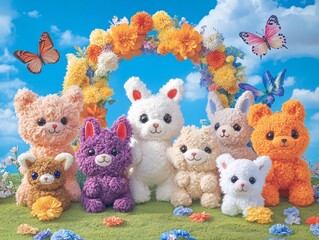 Charming Arrangement of Colorful Stuffed Animals Under a Floral Archway with Butterflies