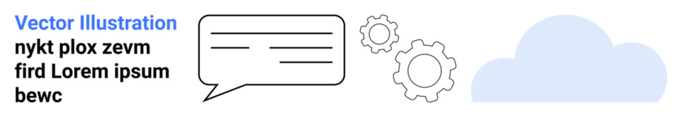 Cloud computing, collaboration, digital communication, technology, networking, work productivity. Minimal speech bubble alongside gears and cloud imagery. Cloud computing and collaboration concept