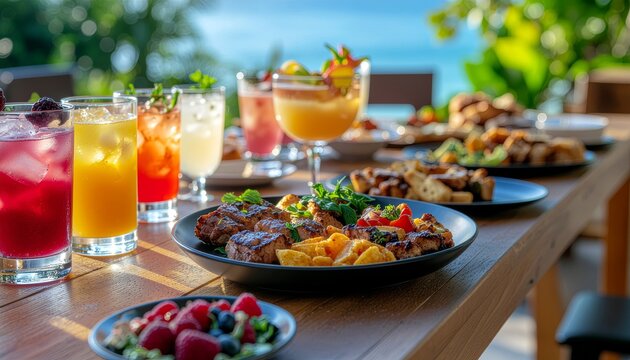 Vibrant outdoor dining scene with a variety of colorful drinks and delicious food on a wooden table, perfect for a summer gathering or tropical vacation.