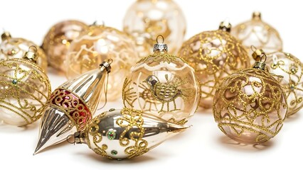 Vintage glass christmas ornaments gold baubles decorations festive holiday antique mercury glass teardrop shapes on white background