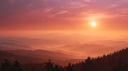 Brilliant sunlight bathes numerous rolling mountain ranges at dawn or dusk