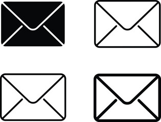 A versatile collection of envelope and email icons in four distinct styles, featuring black silhouette fills and outlined versions,