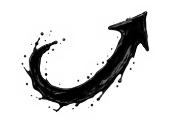 Black oil liquid splash forming an upward arrow showing growth and progress on transparent background