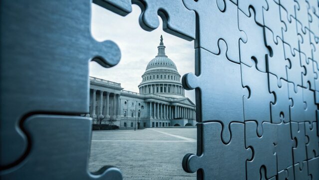 A puzzle piece frames the U.S. Capitol building, symbolizing the complexities of governance and the search for solutions.
