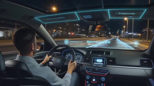 Futuristic Car Interior with Augmented Reality Display and Driver Navigating City at Night