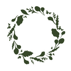 Minimalist black plant wreath border icon with a grunge texture around a light gray circle. Botanical round frame png vector illustration