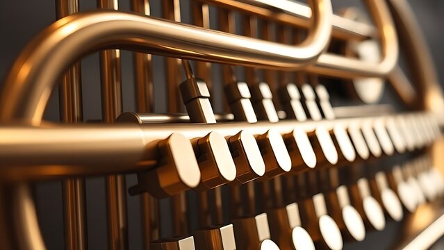 oligarchy. Brass instrument keys and tubing in geometric detail, studio lighting. product launch decks, UI/UX mockups, designed for product launches and innovation pitches.