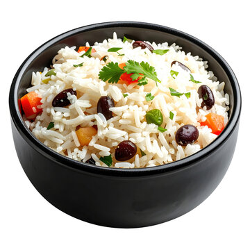 Colorful and flavorful puerto rican arroz con gandules, the national dish cooked with sofrito and pork, elegantly isolated on a plain white background