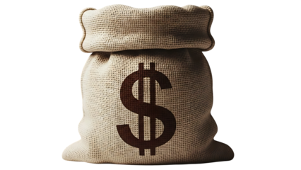 Burlap sack with a large dollar sign symbol representing wealth and finance