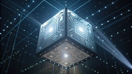 A futuristic cube suspended in a digital space, illuminated with intricate patterns and surrounded by beams of light.