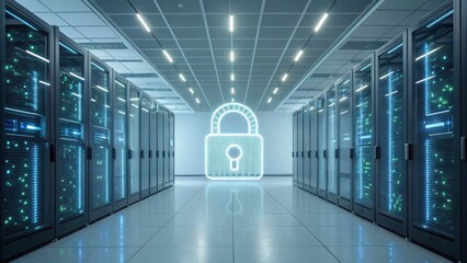 A modern data center featuring server racks, illuminated with a graphic of a padlock symbolizing security and data protection.