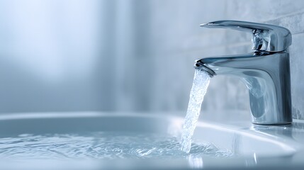 Modern chrome faucet actively dispensing a stream of clear water into a white basin