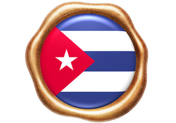 Glossy Cuba Flag Badge in Golden Wax Seal Frame on White Background