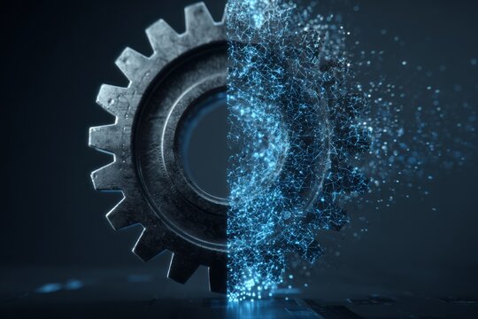 Industrial gear transforming into digital particles, symbolizing digital transformation, Industry 4.0, automation, and the convergence of manufacturing and technology.