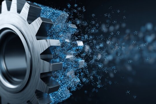 Industrial gear transforming into digital particles, symbolizing digital transformation, Industry 4.0, automation, and the convergence of manufacturing and technology.