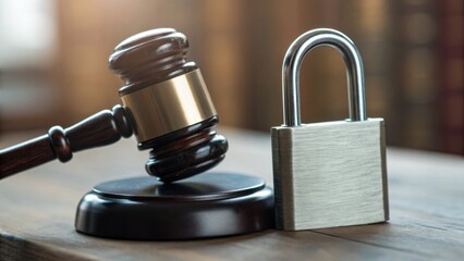 A gavel and a padlock on a wooden surface, symbolizing law, justice, and security.