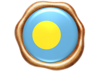 Palau National Flag Embossed in Golden Seal on White Background