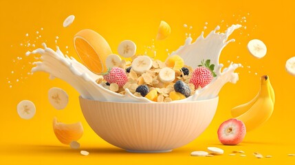 Cereal flakes mix with fresh fruits and splashing milk against a vibrant yellow background
