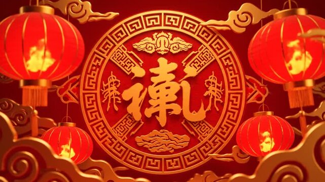 Traditional Chinese New Year celebration scene with vibrant red lanterns, golden ornaments, and auspicious cloud motifs, conveying festive joy and good fortune.