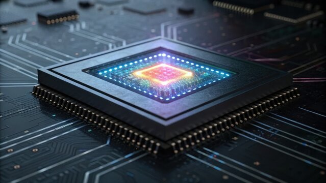 A close-up of a vibrant microchip illuminated with colorful lights, set against a dark circuit board background, showcasing technology and innovation.