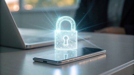 A digital lock icon appears above a smartphone on a desk, symbolizing cybersecurity and data protection in a modern workspace.
