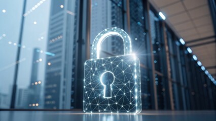 A futuristic digital padlock symbolizing security and protection against cyber threats in a modern office environment.
