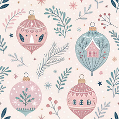 &ldquo;Soft pastel seamless pattern of storybook-style baubles, whimsical hand-drawn details, cozy dreamy winter look.&rdquo;