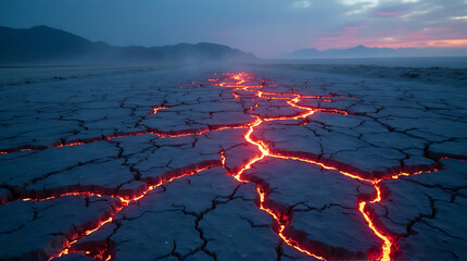 Fiery Lava Cracks Incandescently Cutting Through Dry Desert Landscape at Twilight