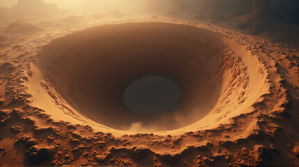 Massive Impact Crater on Barren Planetary Surface at Sunset