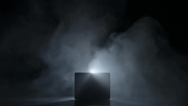 A mysterious dark cube object illuminated by a single light source amidst swirling smoke and fog on a black background.
